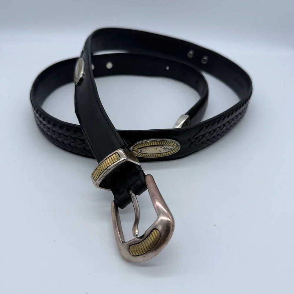 Vintage Fossil Black Leather Western Belt Braided Metal Concho MB4855-001